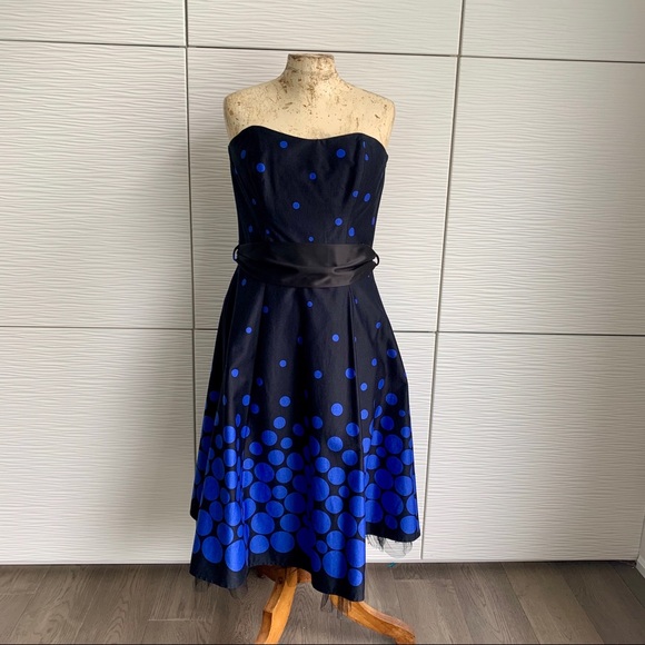 Strapless Dress, Black with blue polka dots. - Picture 1 of 11